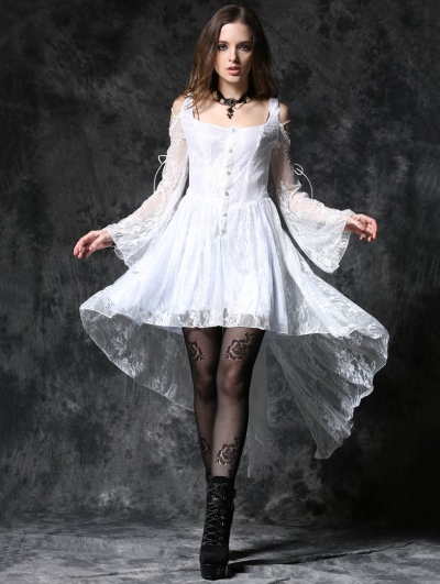 White Off-the-Shoulder Long Sleeves High-Low Lace Gothic Dress