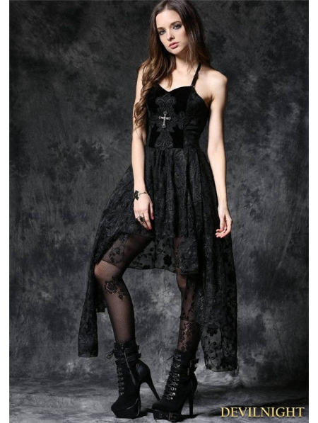 Elegant Black Asymmetric Gothic Dress - Devilnight.co.uk