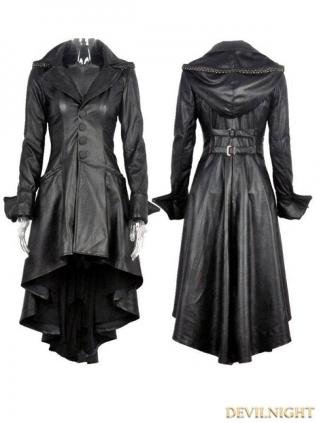 Black Gothic Leather Dovetail Robe Jacket with Eyelets Cap - Devilnight ...