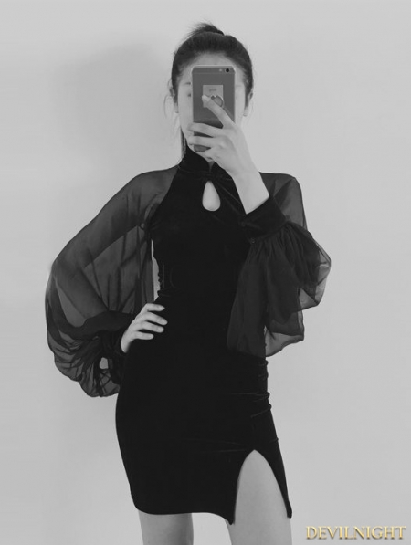 Black Velvet Sexy Cheongsam Style Gothic Dress - Devilnight.co.uk