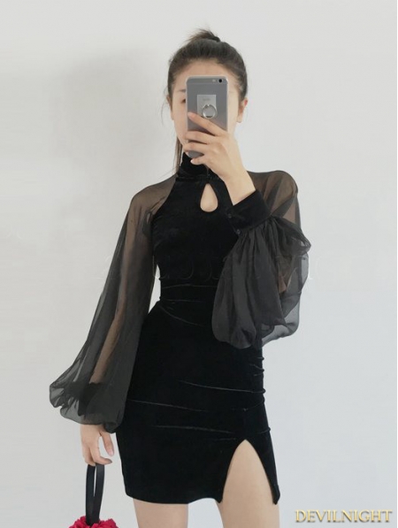Black Velvet Sexy Cheongsam Style Gothic Dress - Devilnight.co.uk