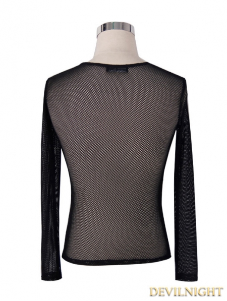 Black Net Long Sleeves Gothic T-shirt for Women - Devilnight.co.uk