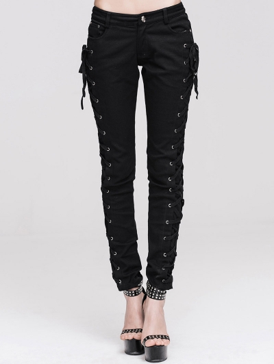 Black Lace-up Gothic Pants for Women