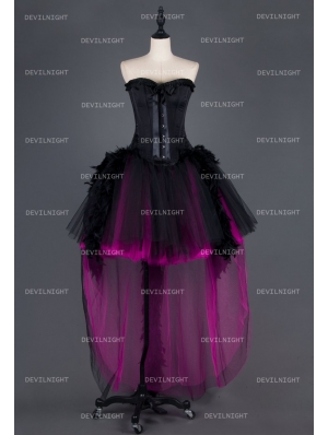 Black and Fuchsia High-Low Feather Gothic Prom Party Dress