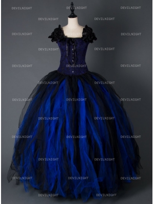 Black and Blue Gothic Long Prom Corset Dress