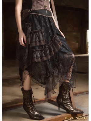 Black Steampunk Lace Layers Long Irregular Skirt