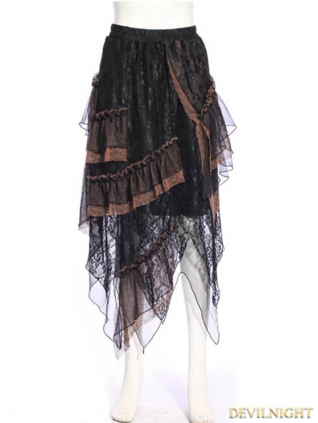 Black Steampunk Lace Layers Long Irregular Skirt - Devilnight.co.uk