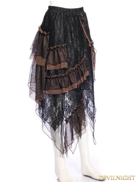 Black Steampunk Lace Layers Long Irregular Skirt - Devilnight.co.uk