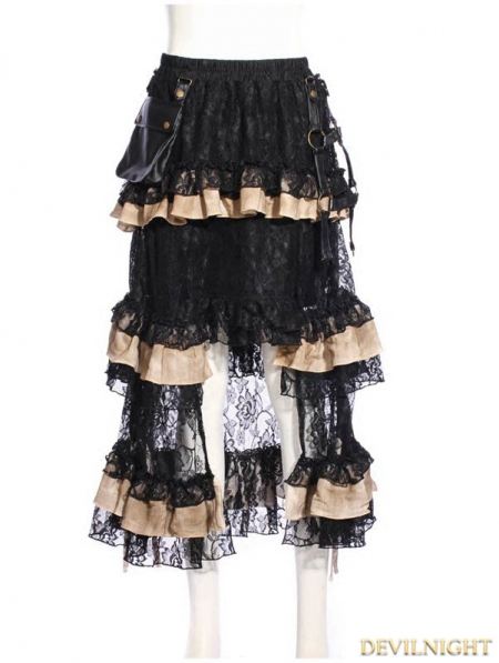 Black Steampunk Lace Layers Irregular Skirt with Bag - Devilnight.co.uk