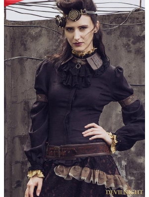 Black Vintage Steampunk Shirt with Detachable Bowtie for Women