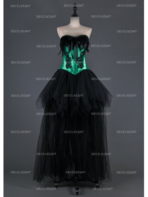 Black and Green Gothic Burlesque Corset Hign-Low Prom Party Dress 
