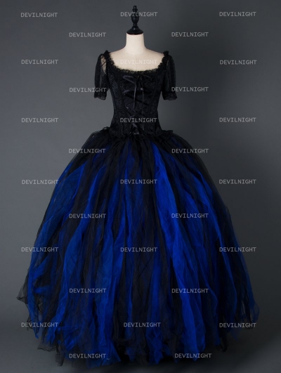 Black and Blue Short Sleeves Gothic Corset Long Prom Party Dress