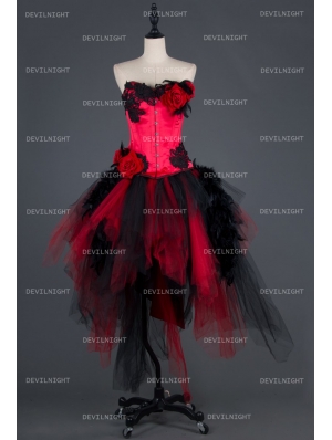 Black and Red Gothic Burlesque Corset Irregular Prom Party Dress