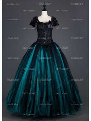 Black and Tiffany Blue Vintage Gothic Corset Long Prom Party Dress