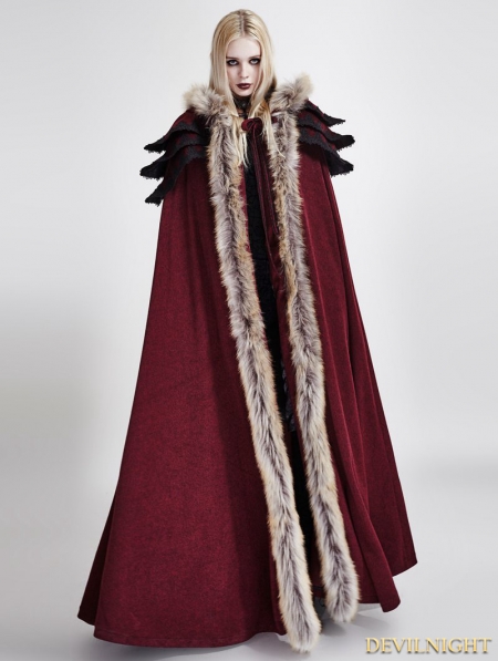 Red Gothic Wool Collar Long Cloak for Women - Devilnight.co.uk