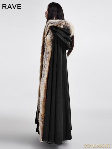 Black Gothic Wool Collar Long Cloak for Women - Devilnight.co.uk