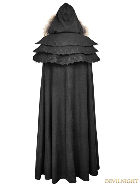 Black Gothic Wool Collar Long Cloak for Women - Devilnight.co.uk