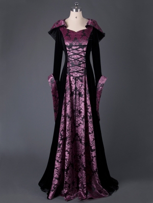 Black and Purple Velvet Vintage Medieval Hooded Dress