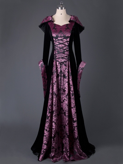 Black and Purple Velvet Vintage Medieval Hooded Dress