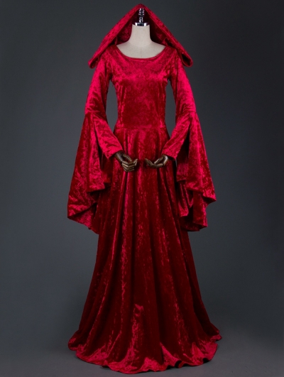 Red Velvet Medieval Hooded Dress