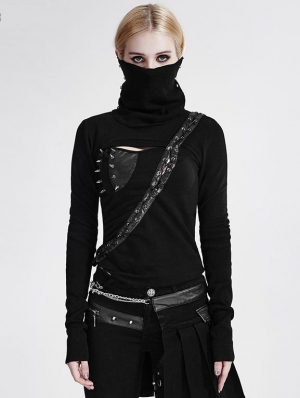 Black Gothic Asymmetrical Knit Punk T-Shirt for Women