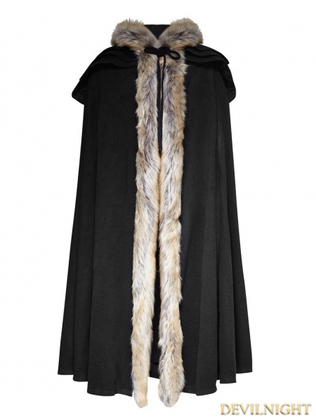 Black Gothic Wool Collar Long Cloak for Men - Devilnight.co.uk