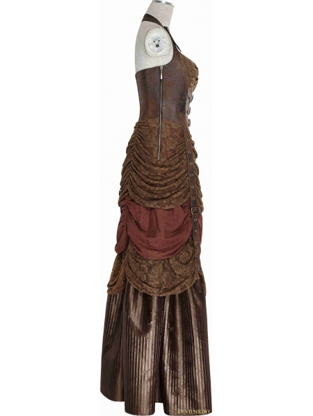 Brown Steampunk Hanging Neck Long Dress - Devilnight.co.uk