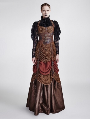 Brown Steampunk Hanging Neck Long Dress