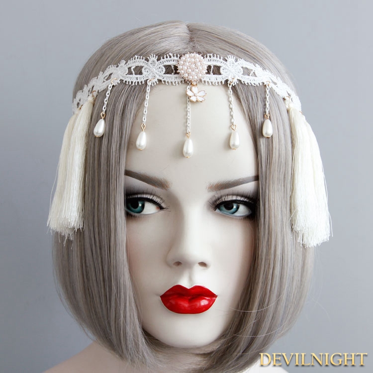 White Vintage Elegant Tassel Headress