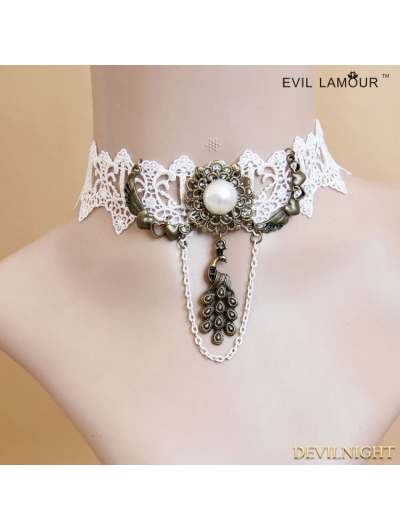 White Gothic Lace Peacock Pendant Necklace