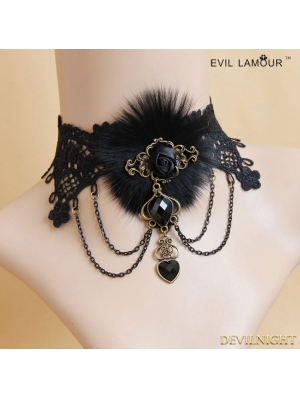 Black Gothic Fur Rose Party Necklace