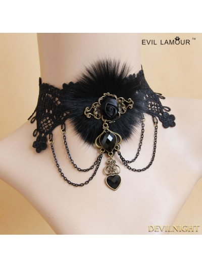 Black Gothic Fur Rose Party Necklace
