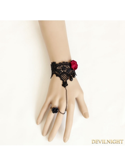 Black and Red Gothic Lace Bead Bracelet Ring Jewelry