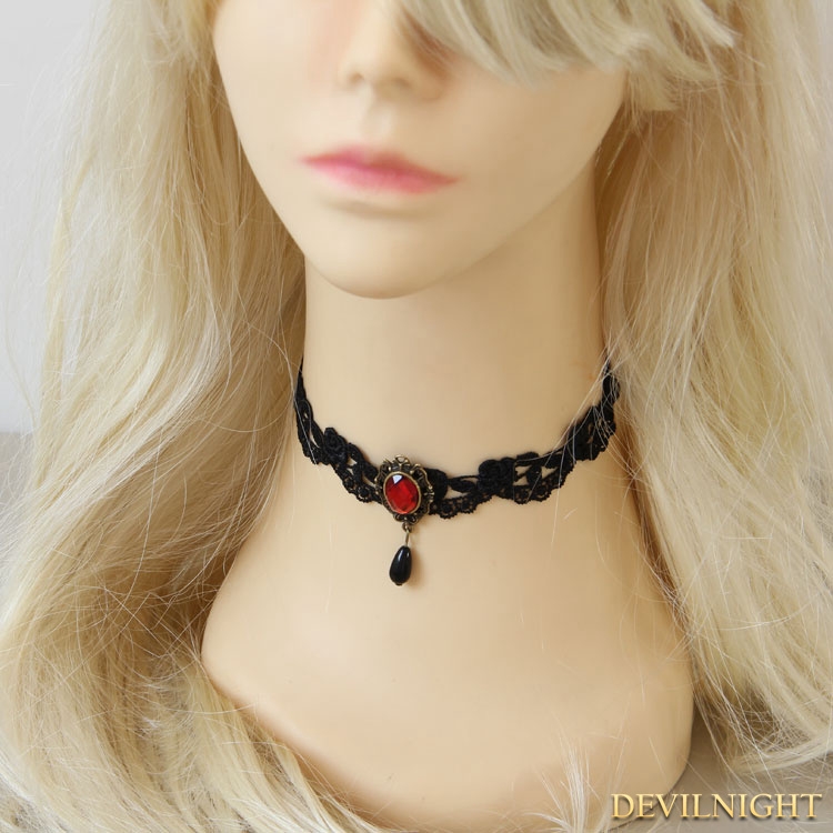 Black Gothic Ruby Lace Necklace