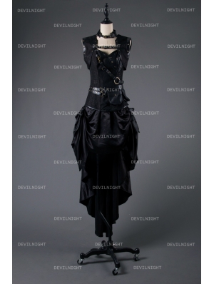 Black Steampunk Gothic Corset Burlesque High-Low Prom Party Dress