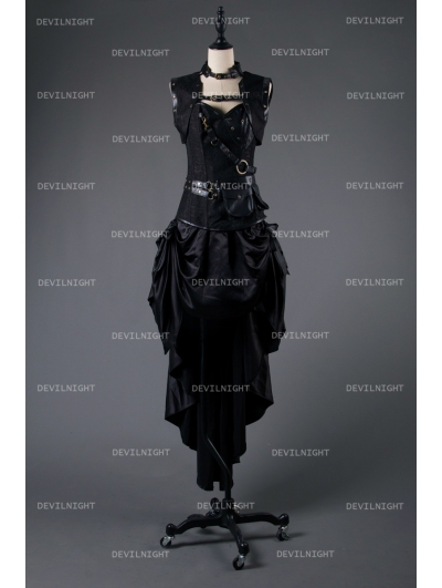 Black Steampunk Gothic Corset Burlesque High-Low Prom Party Dress