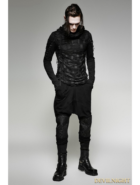 Black Gothic Hole Hooded T-Shirt for Men - Devilnight.co.uk