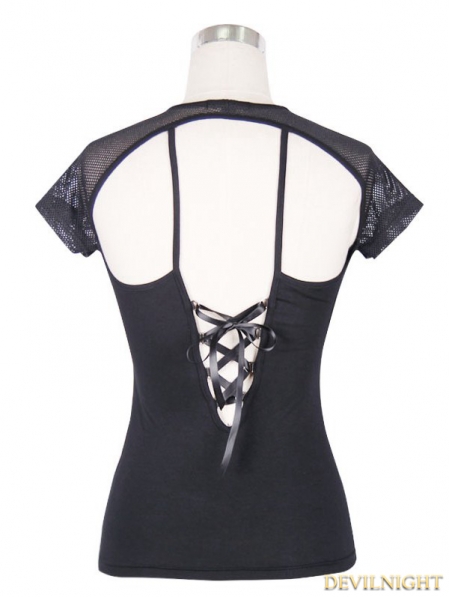 Black Short Sleeves Gothic Sexy Back Shirt for Women - Devilnight.co.uk