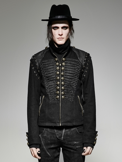 Black Gothic Military Uniform Short Coat with Removable Sleeves for Men