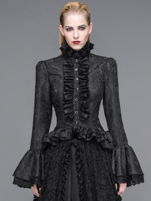 Black Gothic Palace Style Jacquard Ruffles Blouse for Women