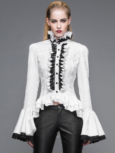 White Gothic Palace Style Jacquard Ruffles Blouse for Women
