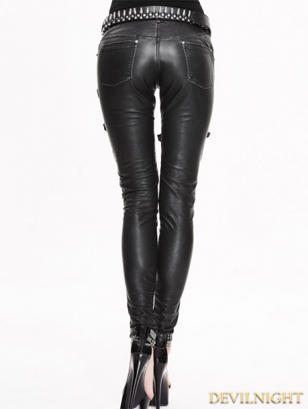Black and Sliver Gothic Buckle Belt PU Pants for Women - Devilnight.co.uk