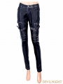 Black and Sliver Gothic Buckle Belt PU Pants for Women