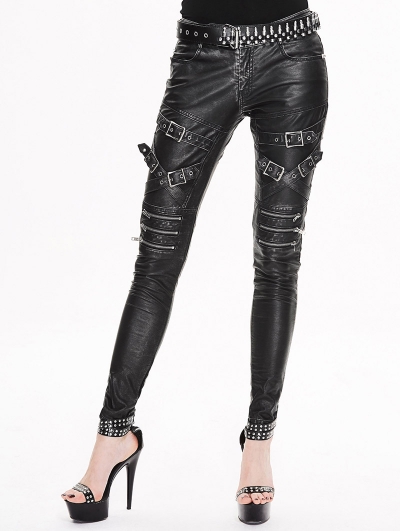 Black and Sliver Gothic Buckle Belt PU Pants for Women