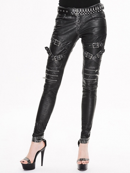 Black and Sliver Gothic Buckle Belt PU Pants for Women - Devilnight.co.uk