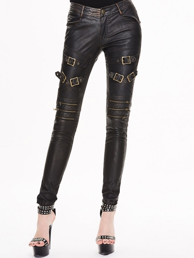 Black and Bronze Gothic Buckle Belt PU Pants for Women