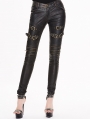 Black and Bronze Gothic Buckle Belt PU Pants for Women