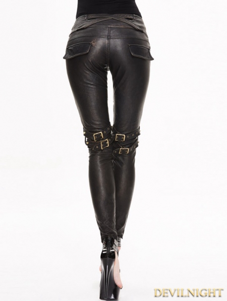 Black and Bronze Gothic Buckle Belt Rivet PU Pants for Women ...