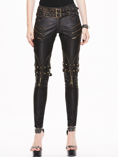 Black and Bronze Gothic Buckle Belt Rivet PU Pants for Women