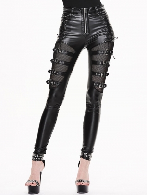 Black Gothic Buckle Belt Mesh Legging for Women